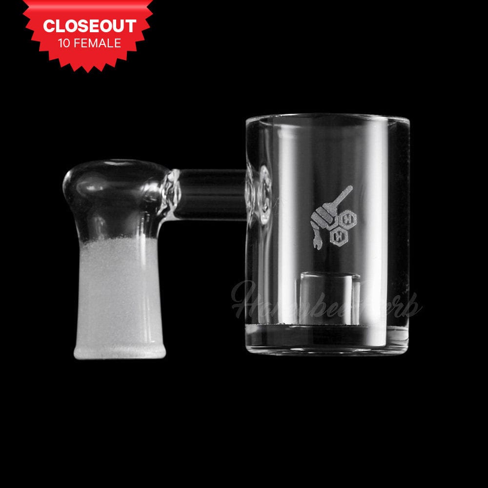 A side view of the CORE REACTOR SIDECAR QUARTZ BANGER - 90° DEGREE, displaying its clear quartz construction and angled design.