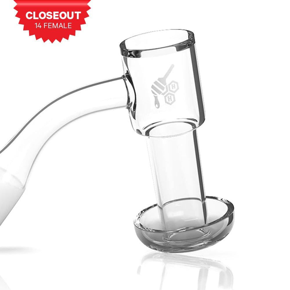 Close-up, angled view of the Honeysuckle Bevel Quartz Banger - 45° Degree YL, displaying its transparent quartz construction.