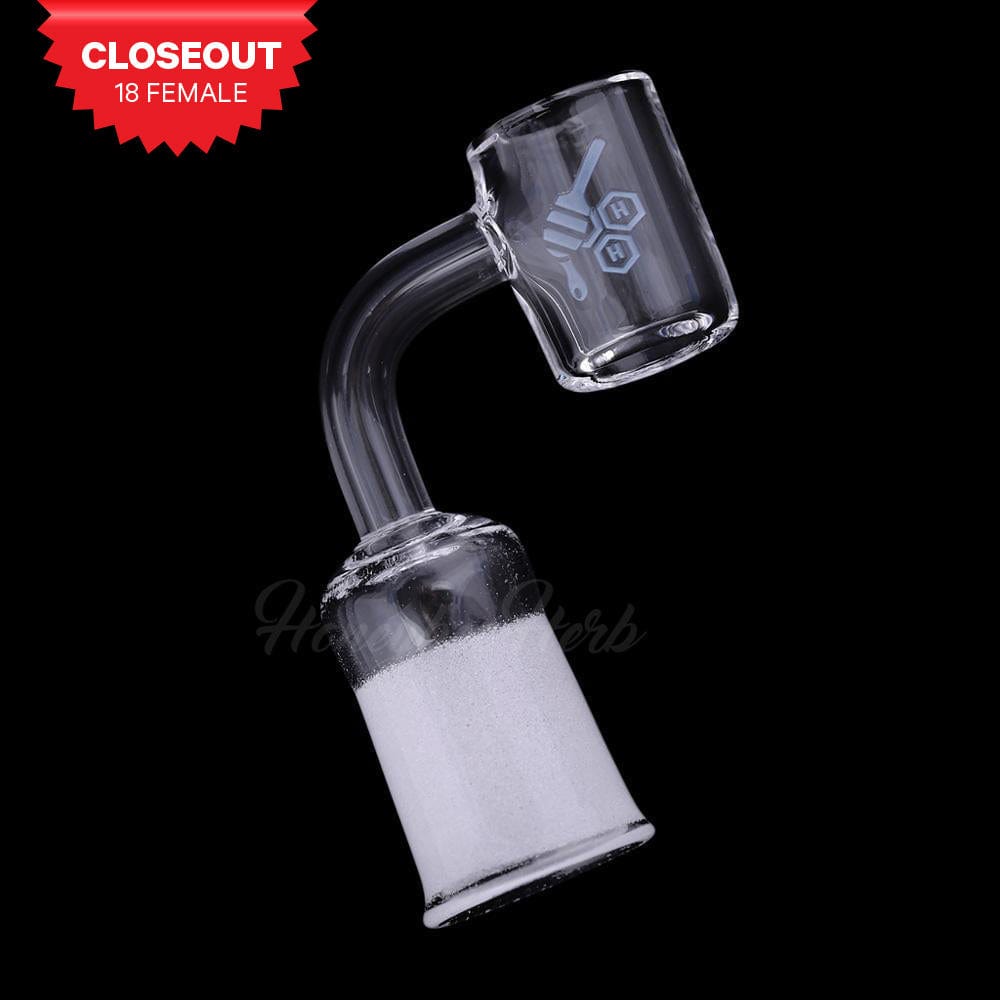 The THICK ORIGINAL QUARTZ BANGER - 90° DEGREE is displayed in a close-up, angled view, showcasing its clear quartz construction.