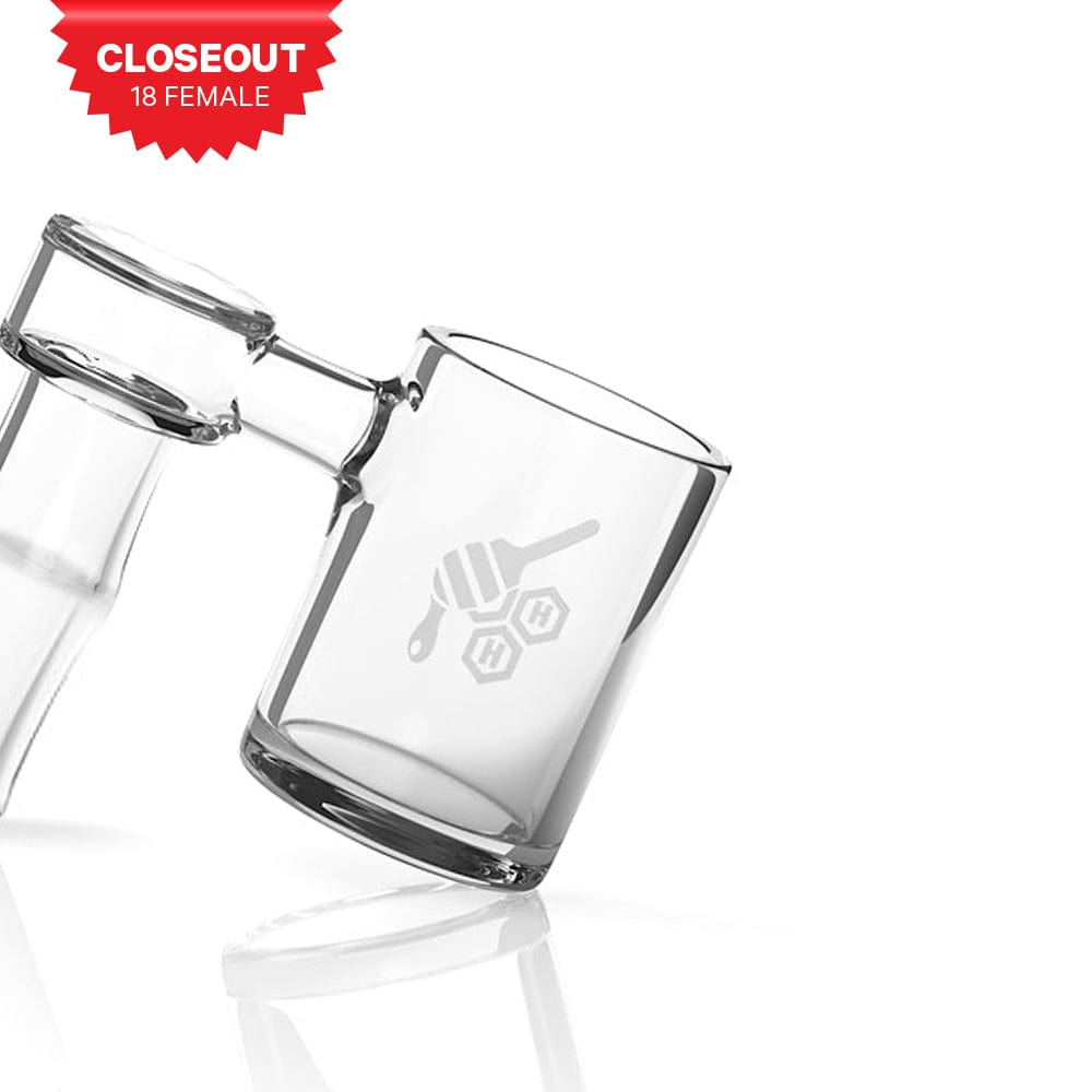 A studio shot of the ORIGINAL BEVEL SIDECAR QUARTZ BANGER - 90° DEGREE, displaying its clear quartz construction from a high angle.