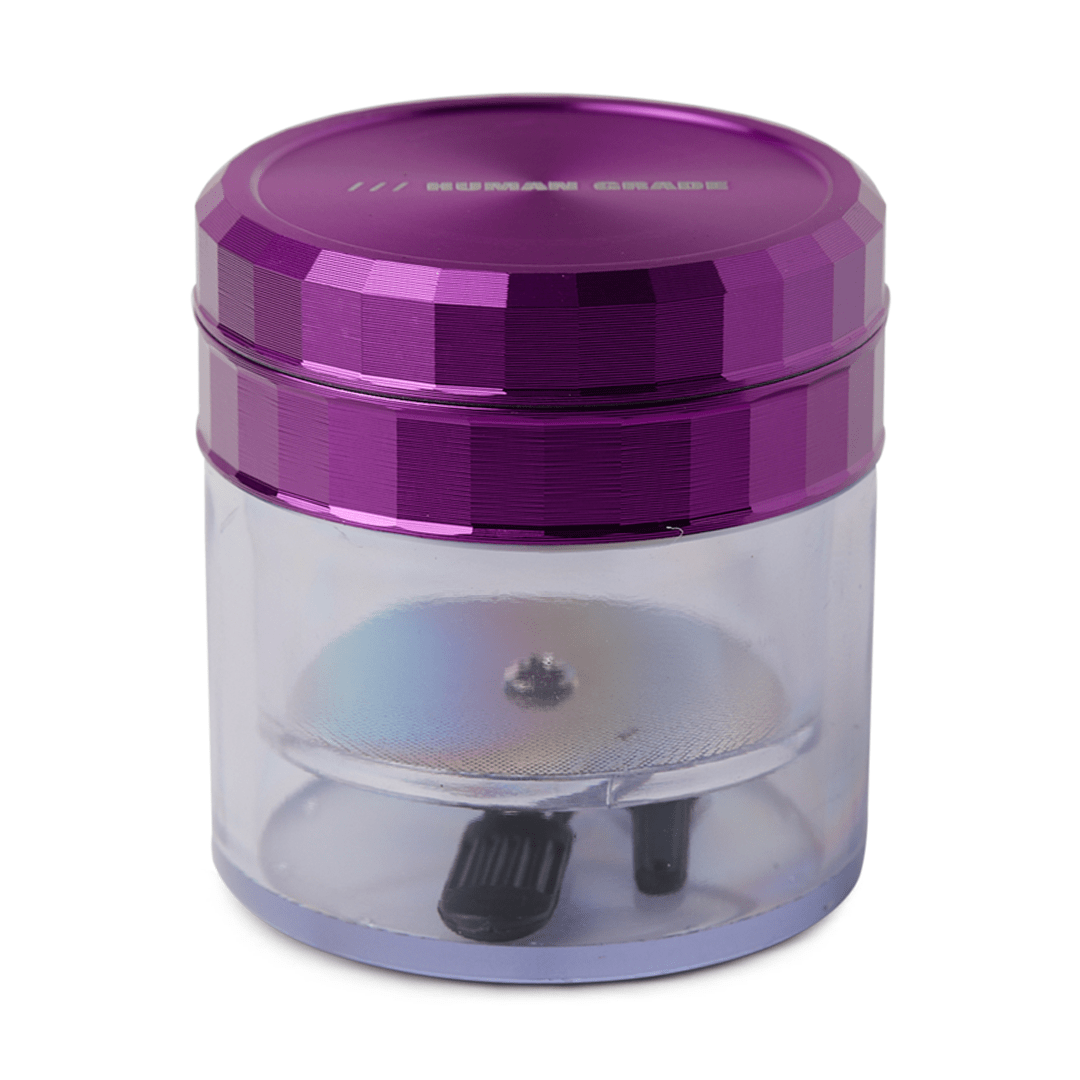 Front view of the Human Grade Storage Grinder 1A (2.5”), a cylindrical grinder with a dark purple lid and clear storage chamber.