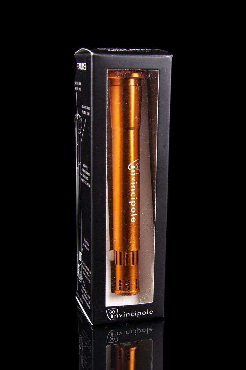 Front view of the “Invincibowl Invincipole” adjustable aluminum downstem, with a sleek, metallic finish against a dark background.