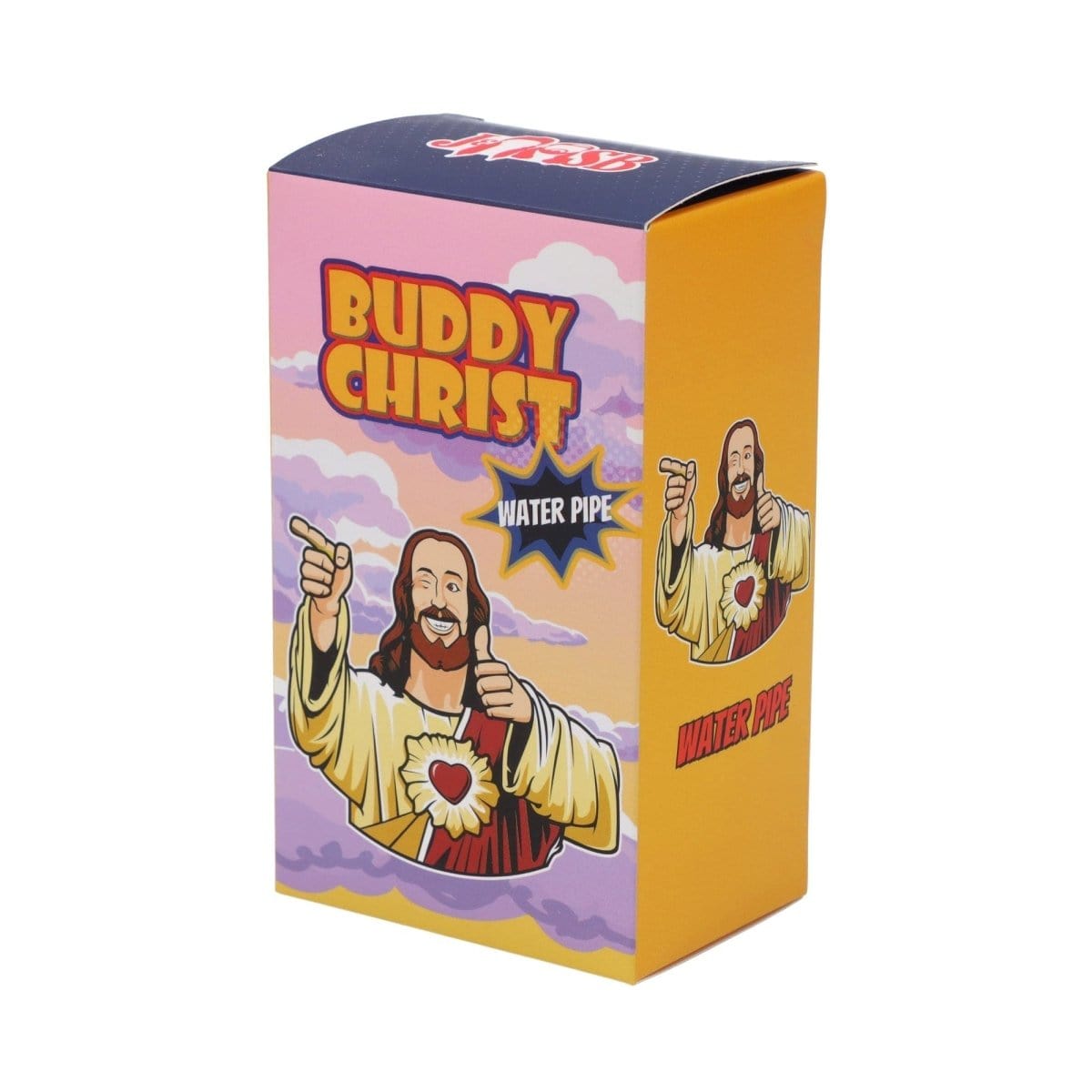 A vibrant close-up of the 4” Mini Water Pipe - Buddy Christ Green, depicting a smiling figure with a detailed background.