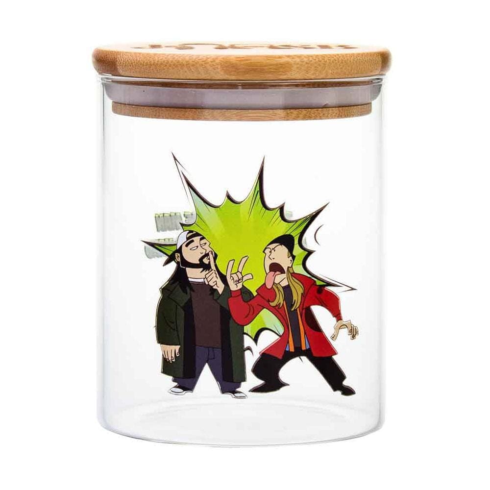 Front view of the 15 Bucks Stash Jar, a clear glass jar with a cartoon design of two men on the front.