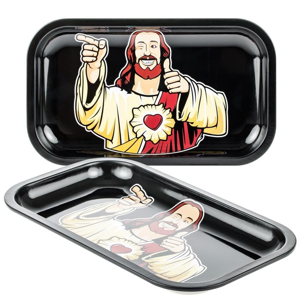 The Buddy Christ Black Rolling Tray features a graphic of a smiling figure on a black rectangular tray.
