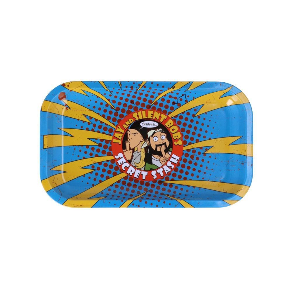 The Secret Stash Rolling Tray displays a colorful, patterned design, shown from a high angle with a slight reflection.