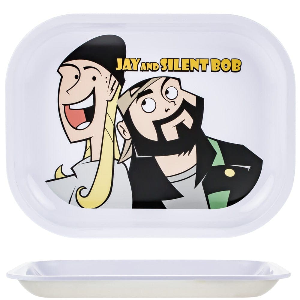 Overhead view of the Jay and Silent Bob Rolling Tray, showcasing the duo’s iconic faces on a glossy surface.