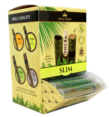 A close-up of King Palms Pre-Roll Slim packaging displays a stack of pre-rolled cones, highlighting the branding and product details.
