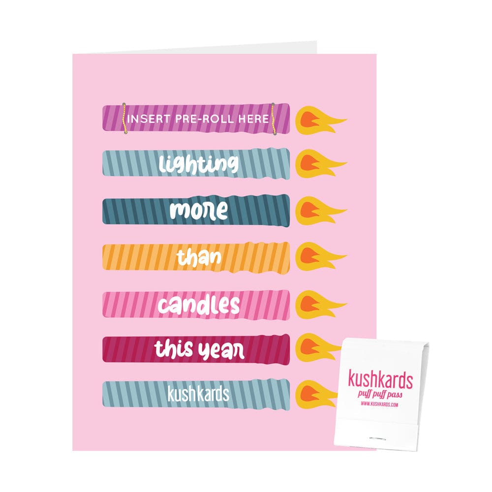 🎂 Birthday Candles Cannabis Greeting Card displayed with a flat lay, showcasing the card's design against a bright, white background.
