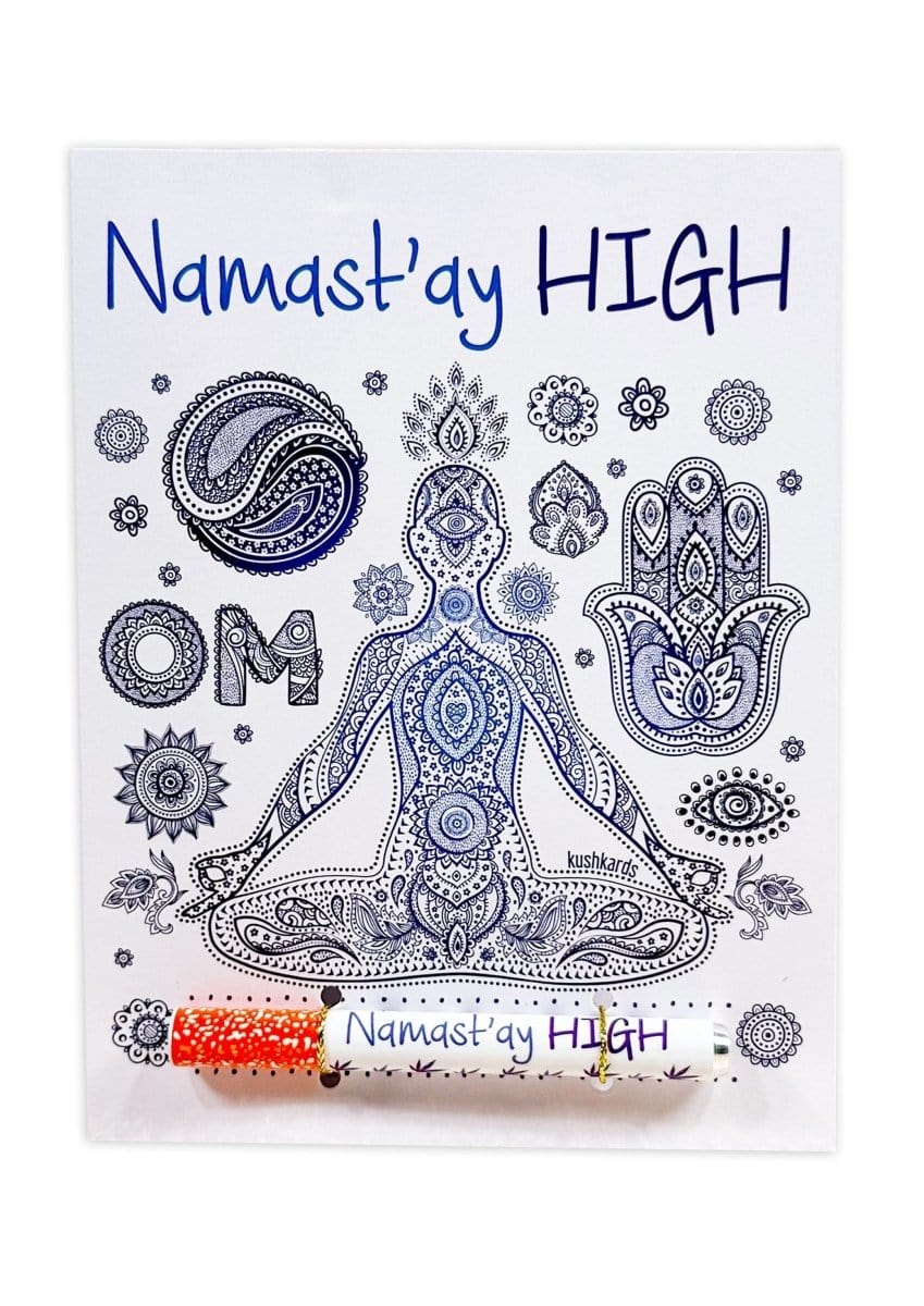 Front view of the 💜 Namast'ay High Cannabis Greeting Card, featuring colorful floral patterns surrounding a central design.