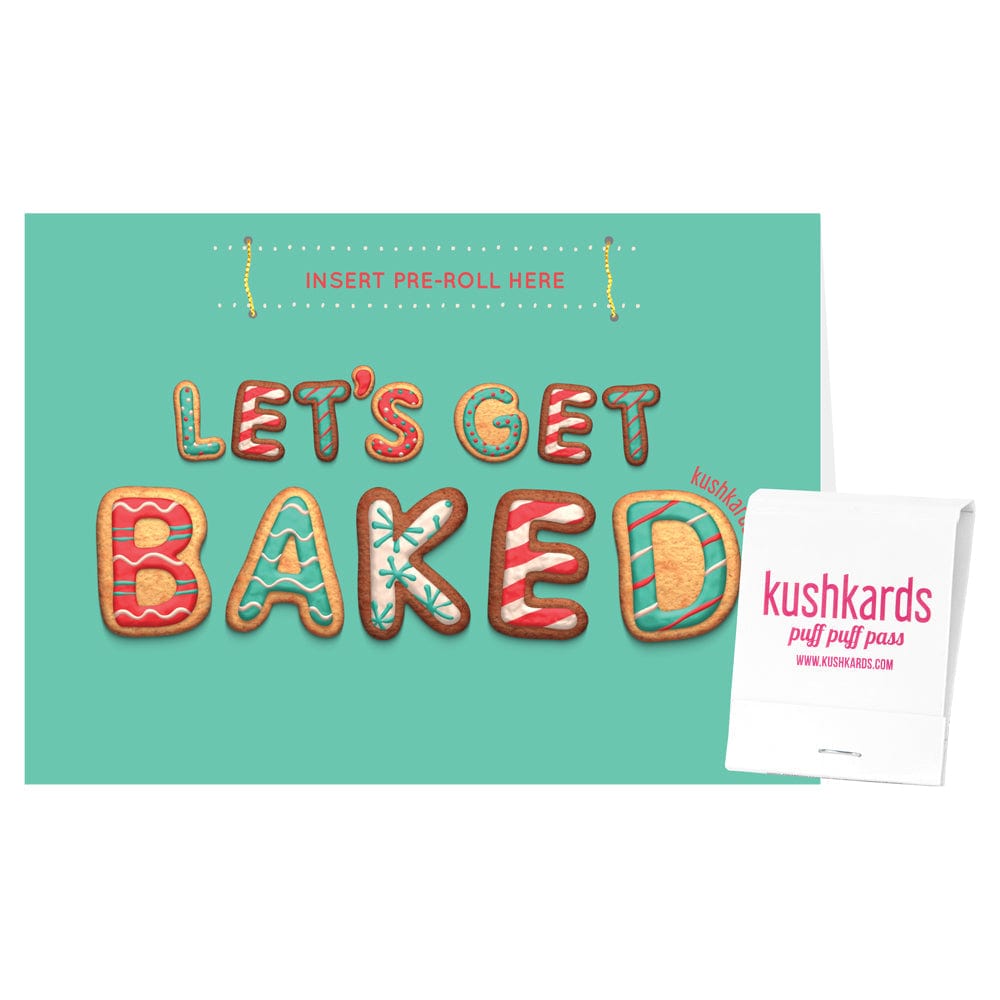 A flat lay view of the 🍪 Let's Get Baked Cannabis Greeting Card, featuring a playful cookie illustration on a white background.