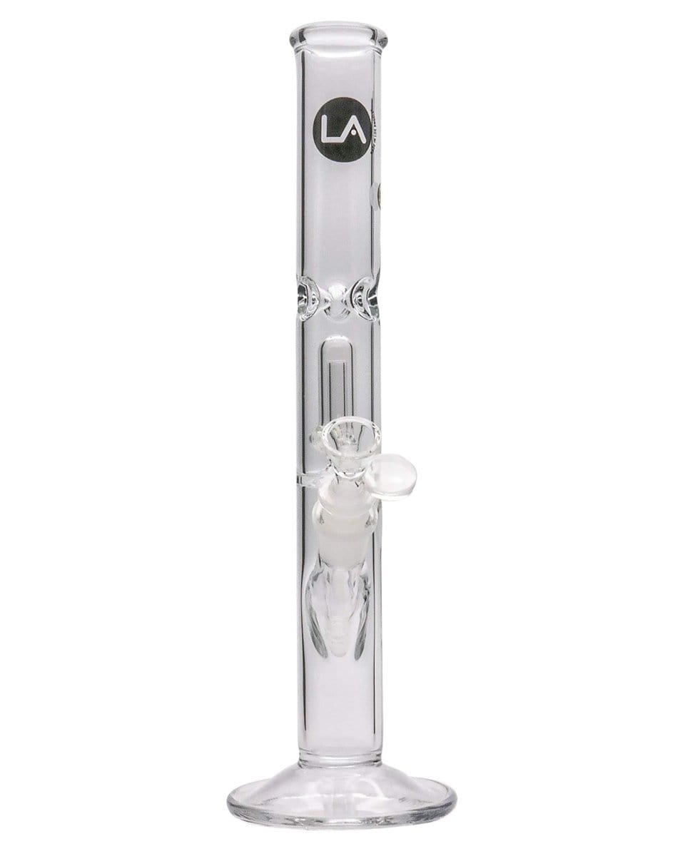Front view of the 12" Clear Single UFO Showerhead Perc Straight Tube, showcasing its clear glass construction and simple, cylindrical form.
