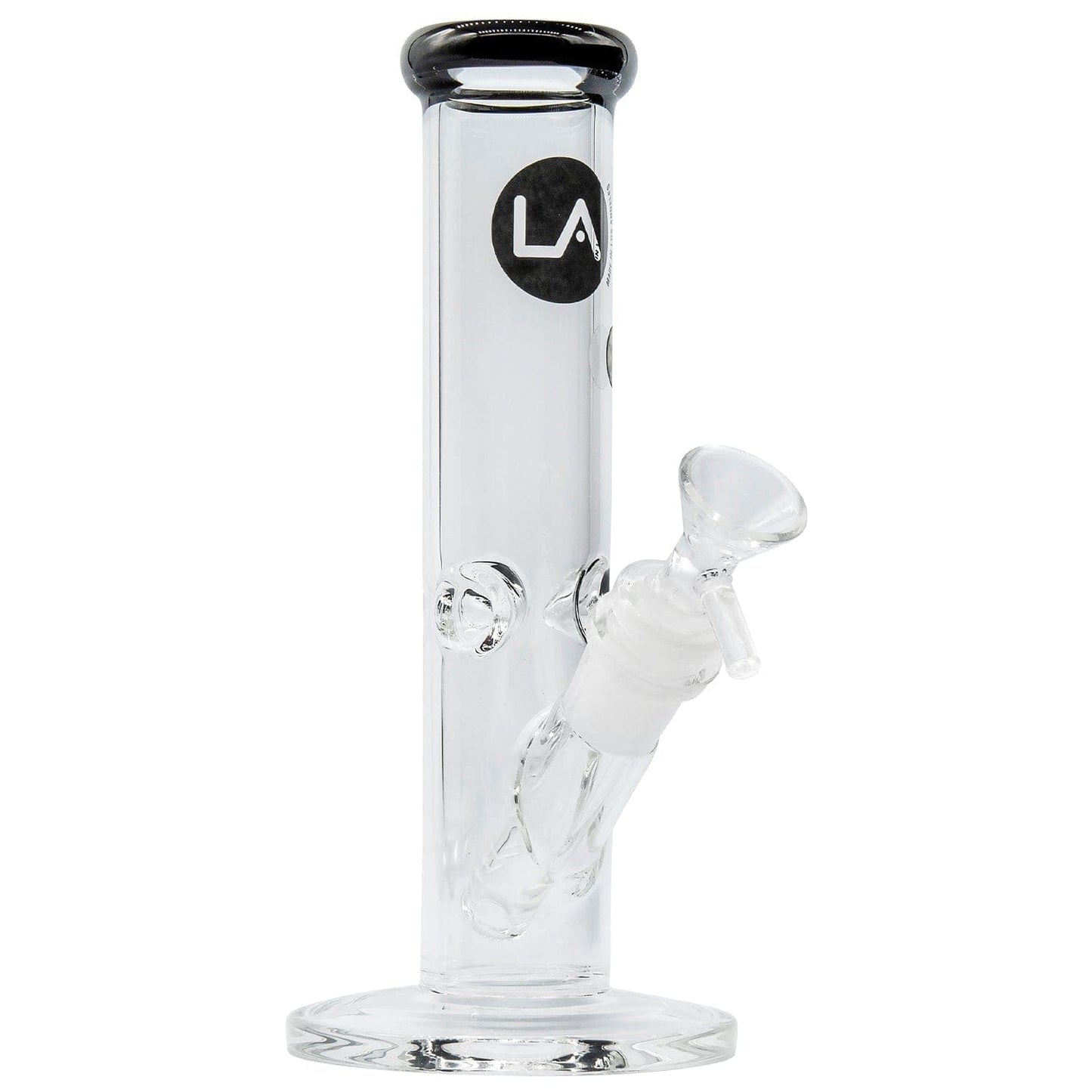 A straight-on view of the 8-inch LA Pipes Straight Shooter Bong, showcasing its clear glass construction and simple cylindrical shape.