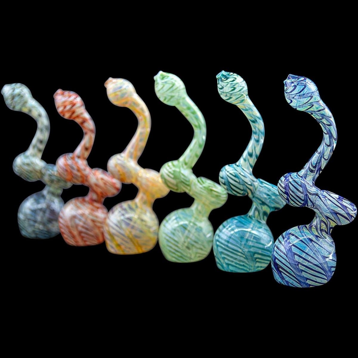 Front view of the “Bubble Lock” Color Raked Sherlock Bubbler Pipe, featuring colorful raked glass in a curved, handheld design.