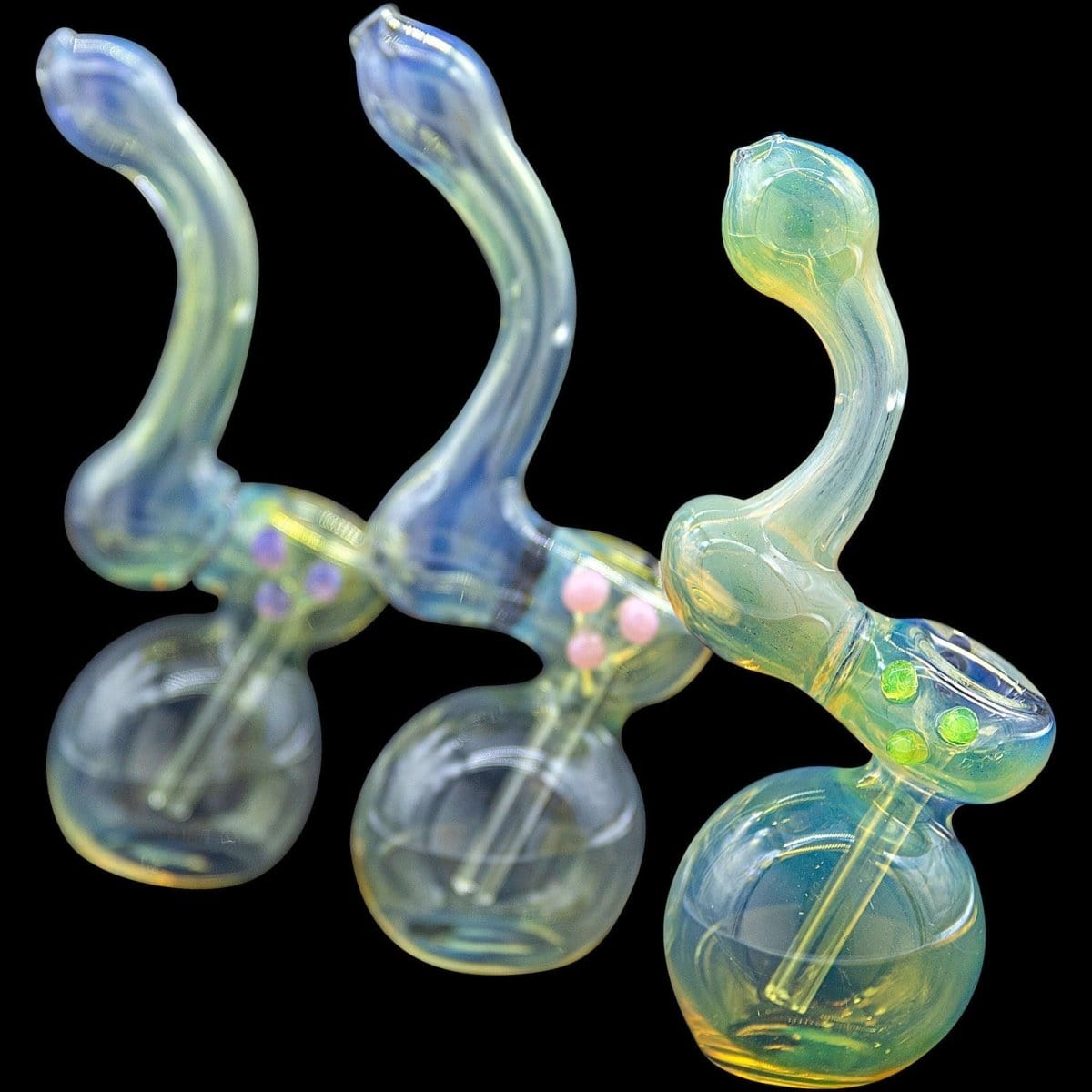 A slightly angled view of the “Silver Sherlock” Fumed Sherlock Bubbler Pipe, showcasing its colorful glass and curved design against a black background.