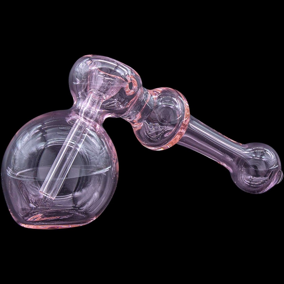 A three-quarter view of the “Glass Hammer” Glass Hammer Bubbler Pipe, showcasing its curved shape and translucent glass.