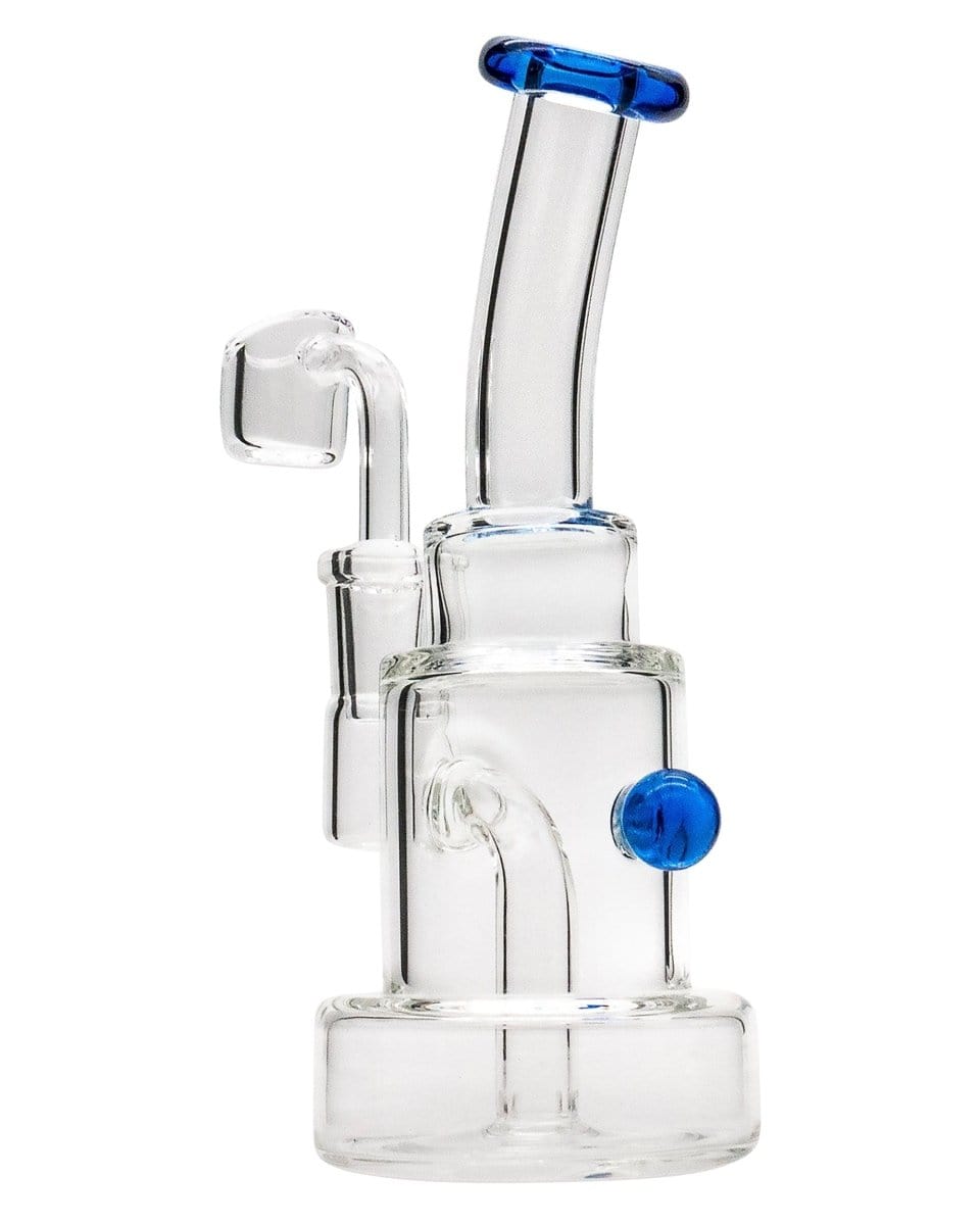 Front view of the Layer Cake Color Accented Dab Rig, showcasing its clear glass construction and blue accent detail.