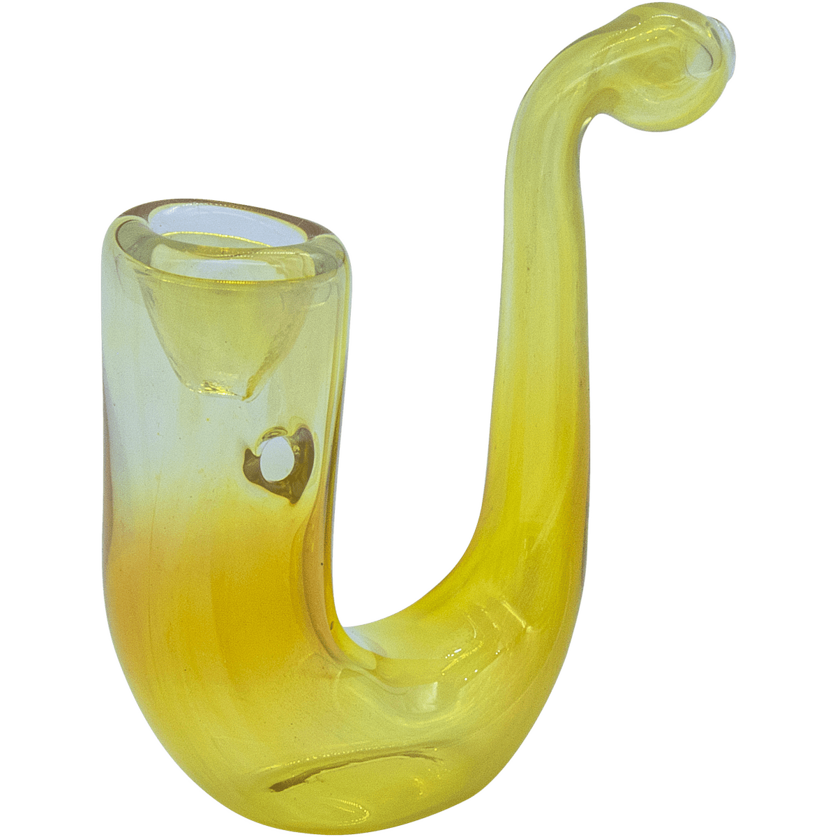 A close-up, angled view of the “Calabash” Fumed Glass Sherlock pipe, displaying its curved form and translucent glass.