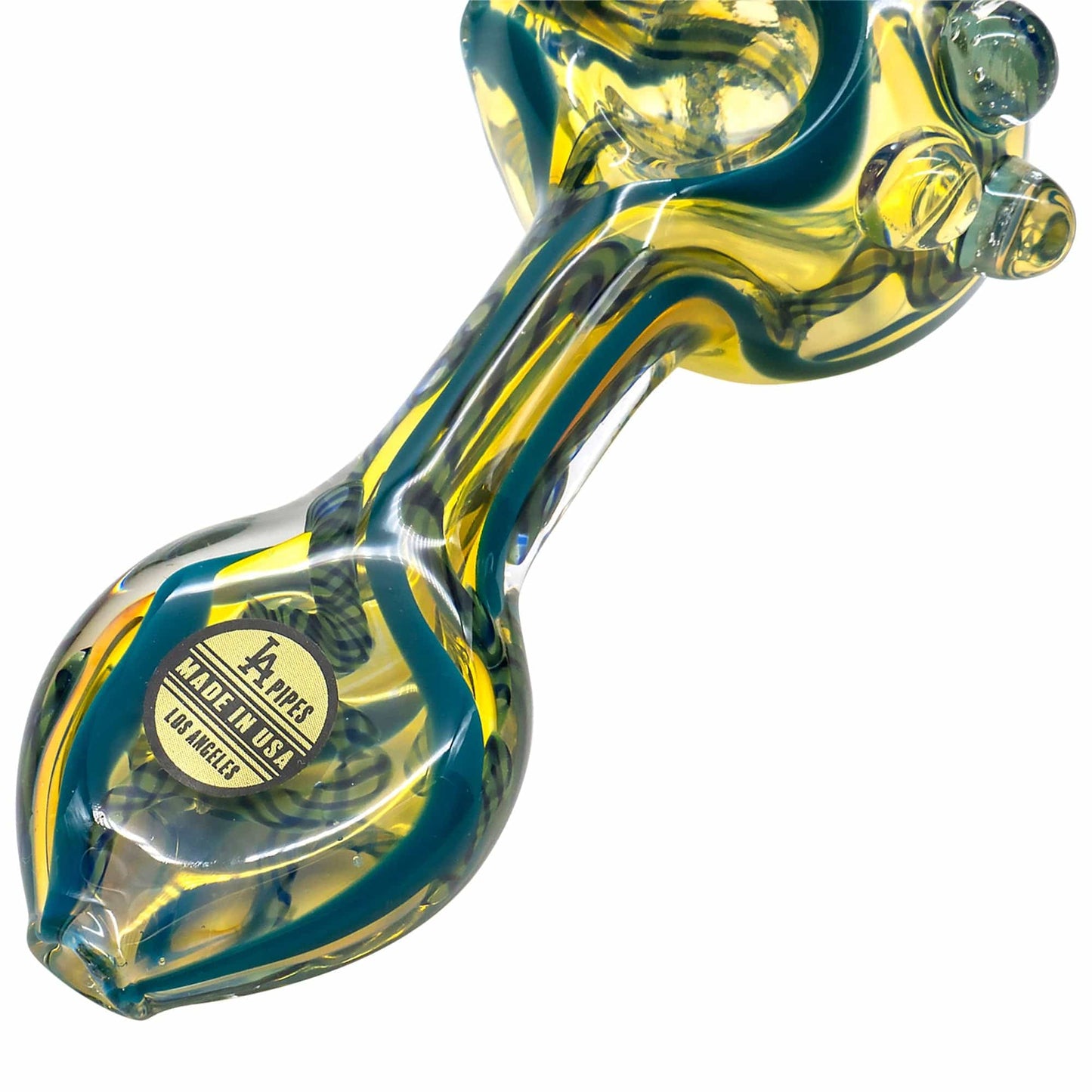 A close-up angled view of the “Candy Spoon” Inside-Out Color Changing Glass Pipe, showing its vibrant, swirling color pattern.