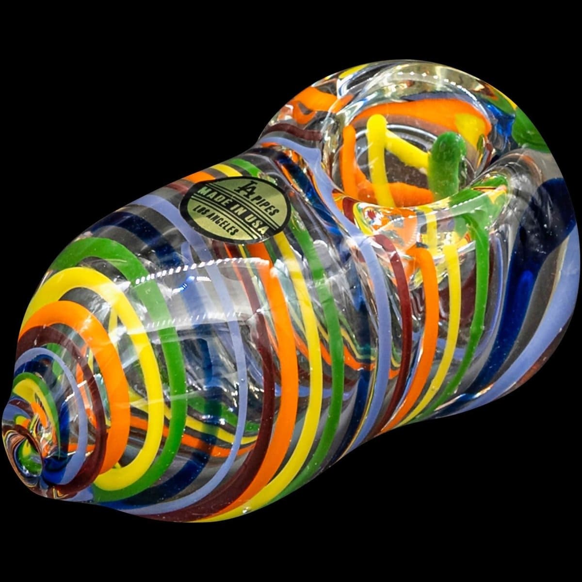A close-up shows the “Easter Egg” Rainbow Swirl Heavy Egg-Shaped Pipe with vibrant, swirling colors and an oval form.