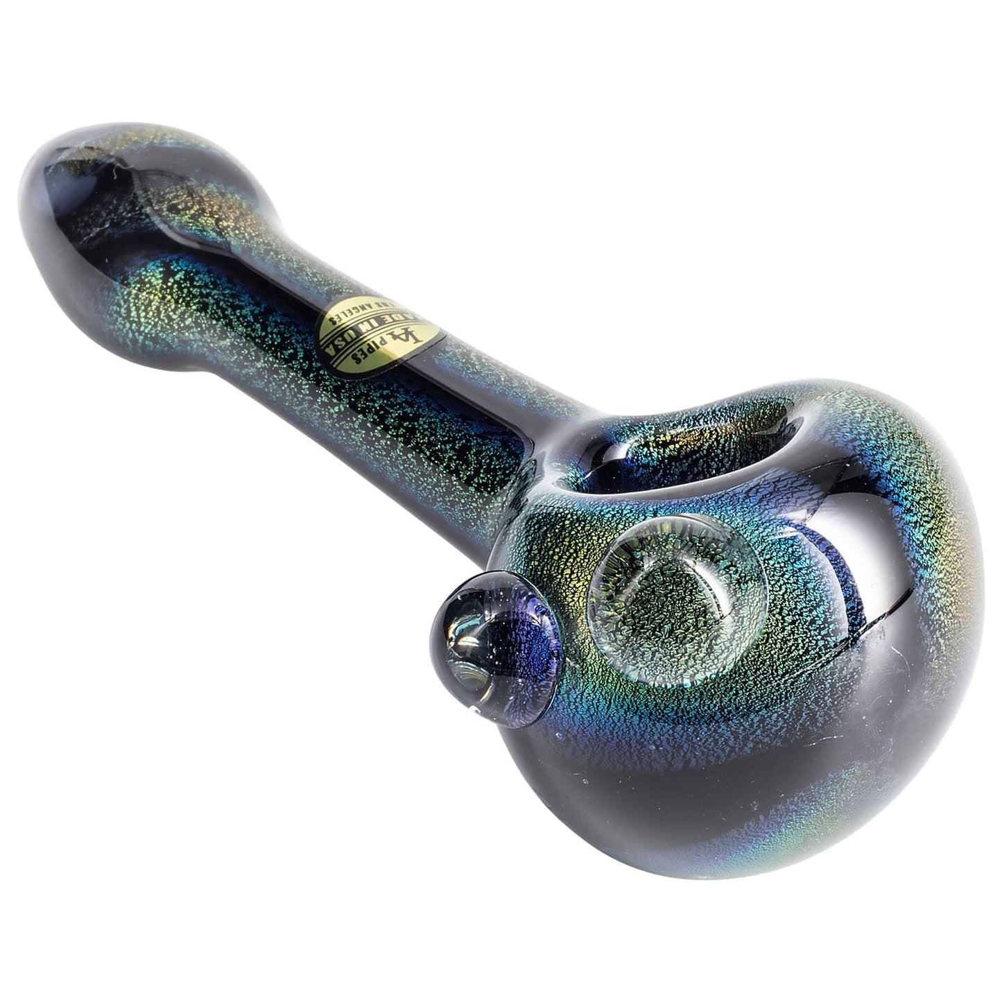A side view of the “Galactic Storm” Full Dichro Spoon Hand Pipe, showing its colorful glass swirl and curved shape.