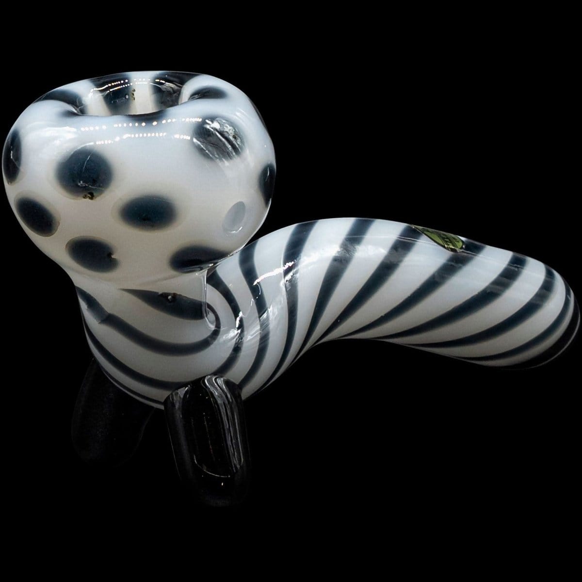 A front view of the “Ivory Locks” Bone White Sitting Sherlock Glass Pipe, showcasing its smooth, curved design against a dark background.