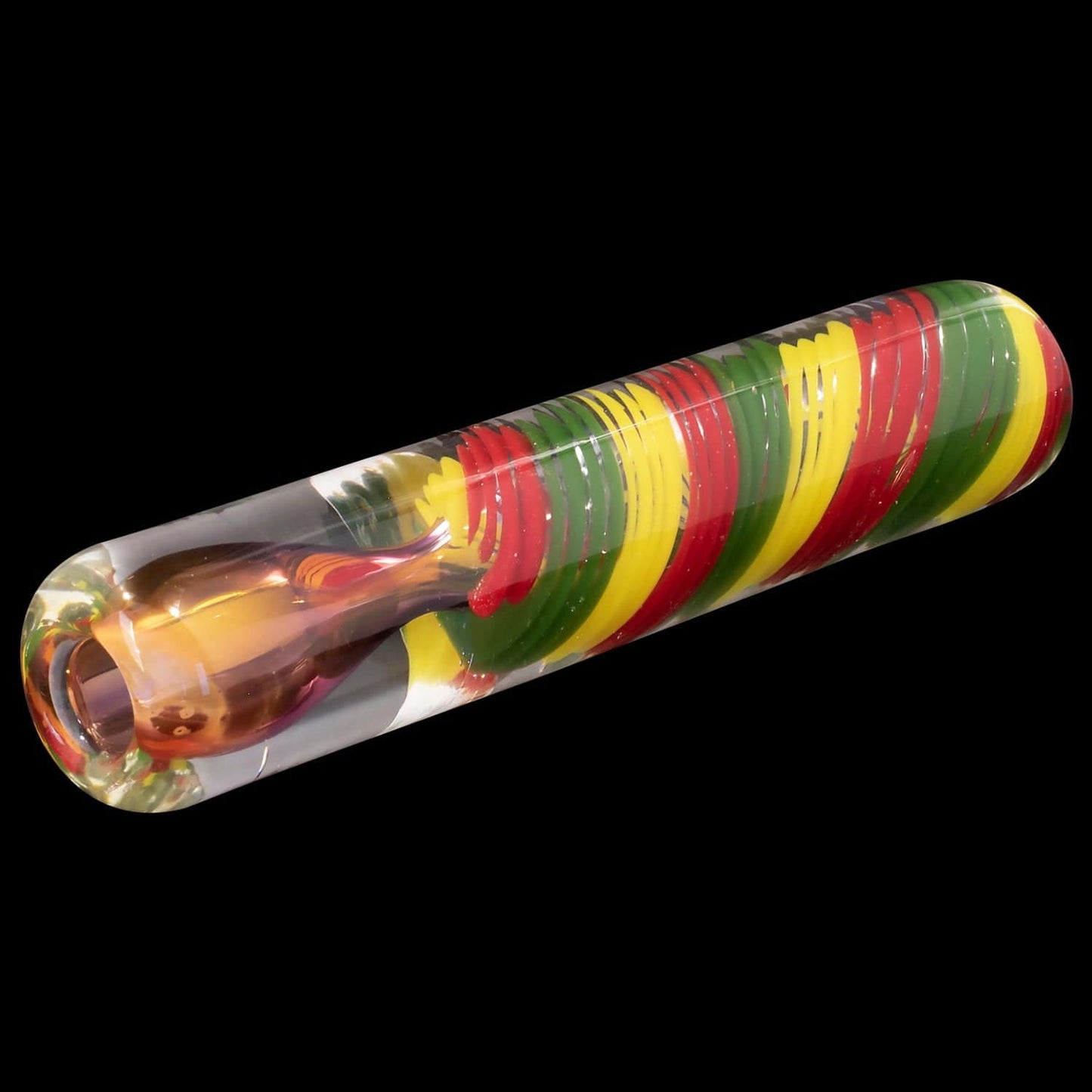 A close-up shows the "Rasta Twister" Chillum Pipe with a swirling, colorful glass design against a dark background.