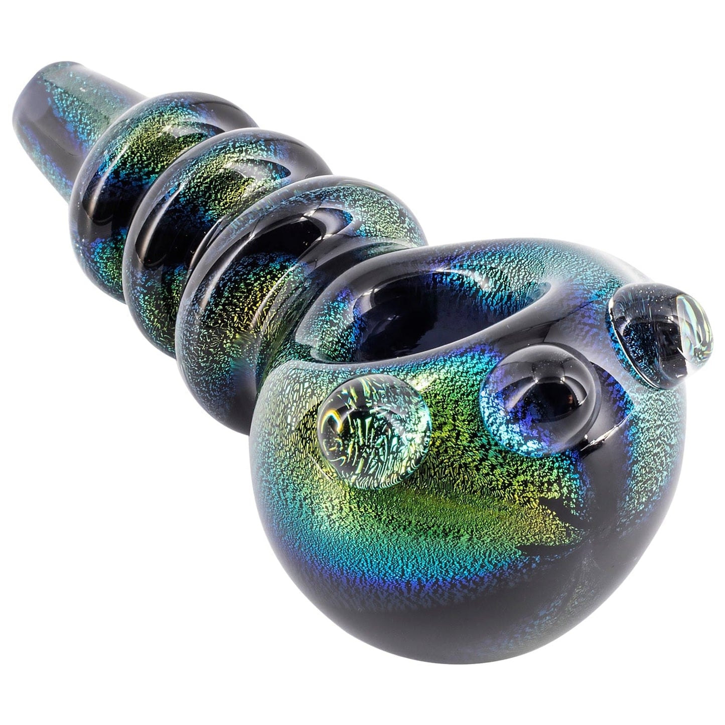 A close-up, angled view of the “Ringed Maria” Dichro Spoon Pipe, showcasing its iridescent, ringed pattern on clear glass.