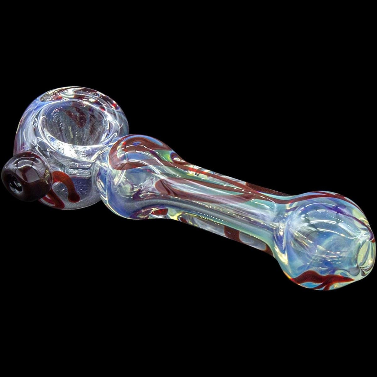 A side view of the “Painted Warrior Spoon” glass pipe, showcasing its curved shape and colorful detailing.