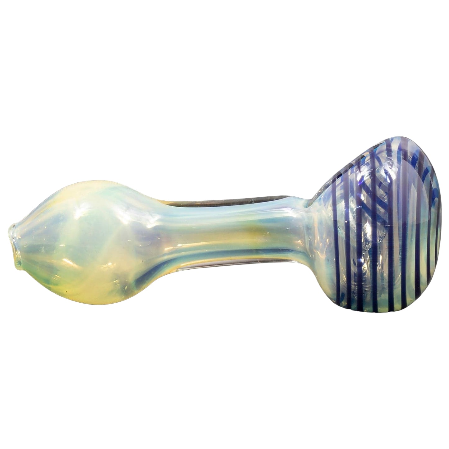 A side view of the “Spiral-Head” Color Changing Glass Spoon Pipe, featuring a colorful, swirling head and clear glass body.