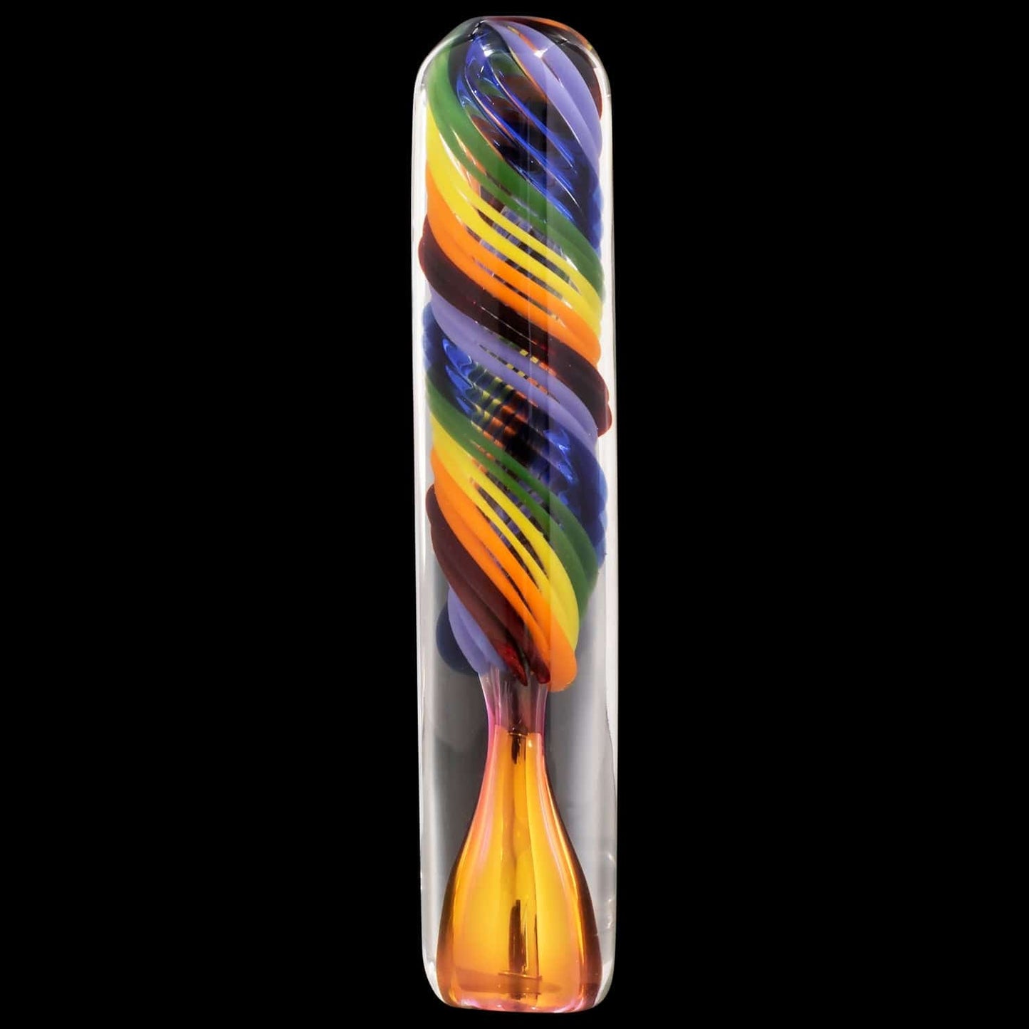 Front view of the “Twisted Rainbow” Fumed Glass Chillum, showcasing its vibrant, colorful glass and slender design.