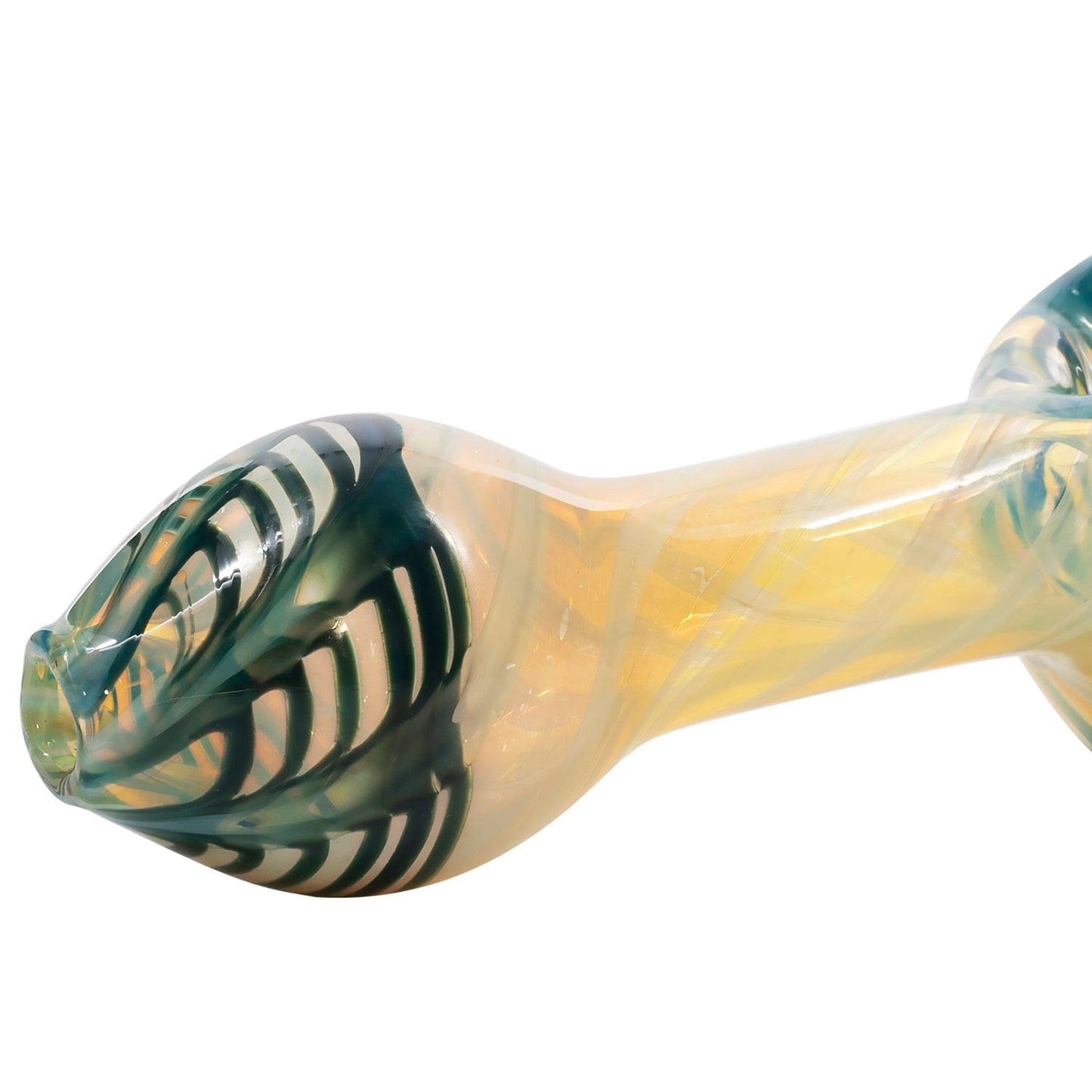 A close-up, angled view of the “Twisty Cane” spoon glass pipe, showing its colorful, swirling pattern.