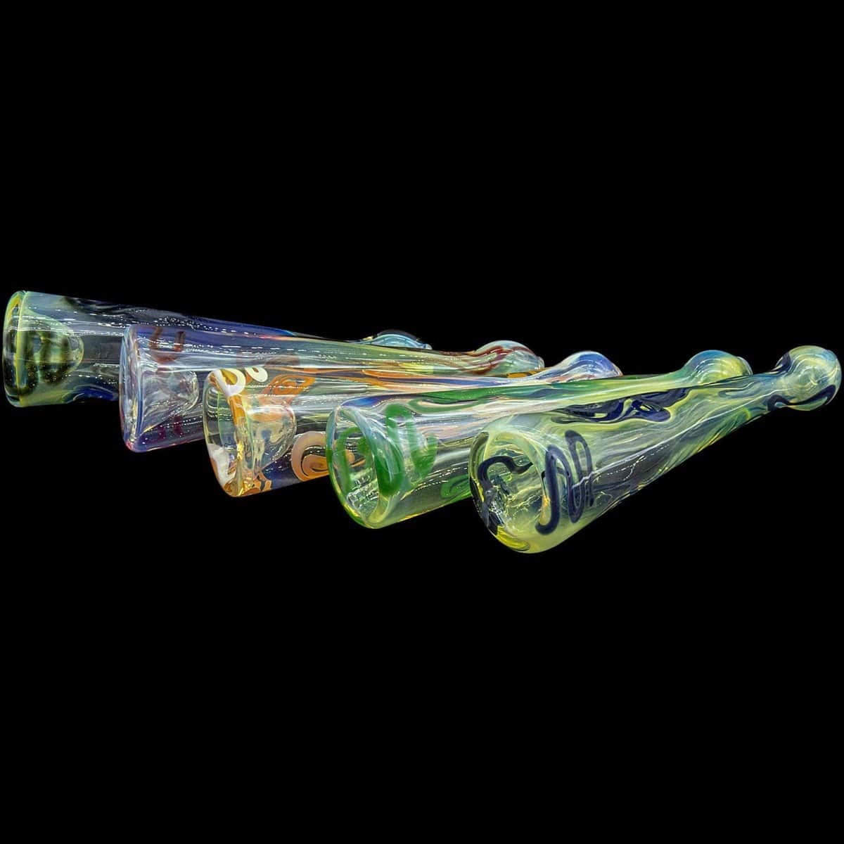 A detailed side view of the “Warrior Piper” Inside-Out Funnel Chillum Herb Pipe, showing its curved design and translucent glass construction.