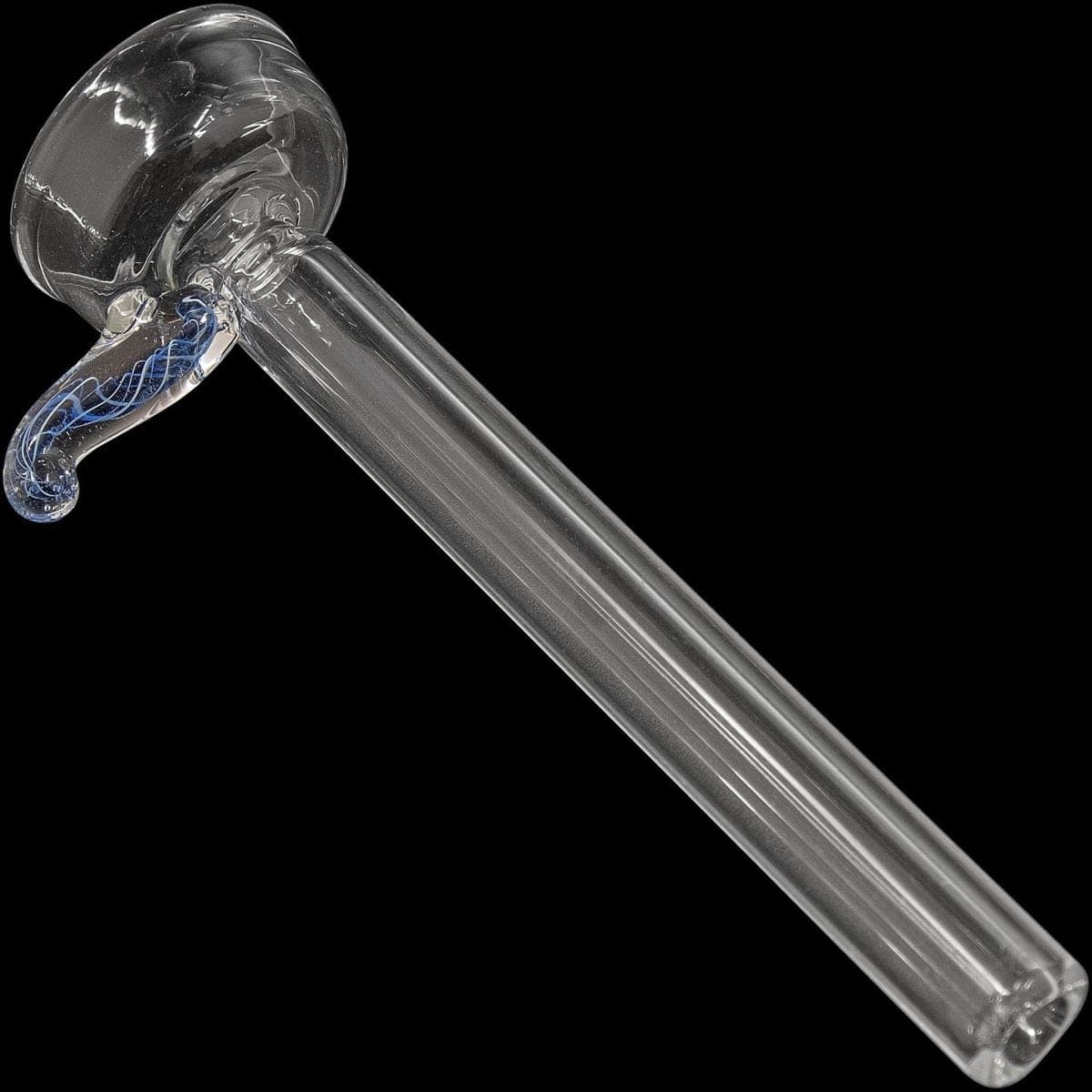 A close-up, angled view of the 9mm Clear Slide Bowl w/ Color Handle for Pull-Stem Bongs, showing its clear glass construction and colorful handle.