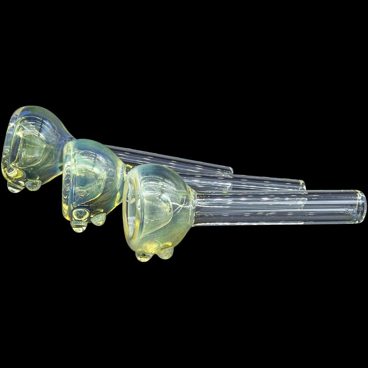 A side view of the Fumed Snapper Bowl Pull-Stem Slide, showcasing its curved glass form and light smoke coloration.