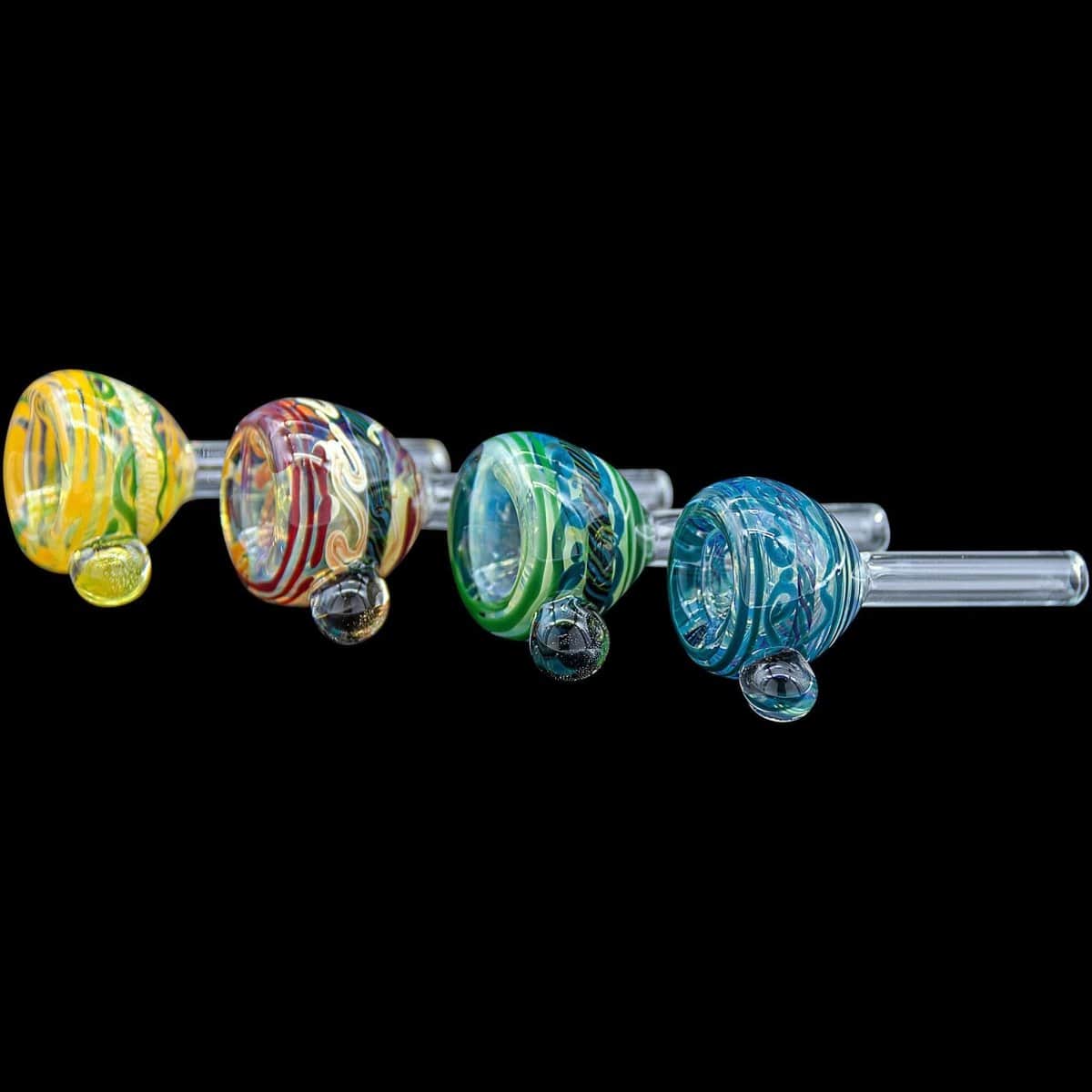 A close-up, angled view of the Painted Warrior Pull-Stem Slide Bowl, showing its clear glass construction and streamlined design.