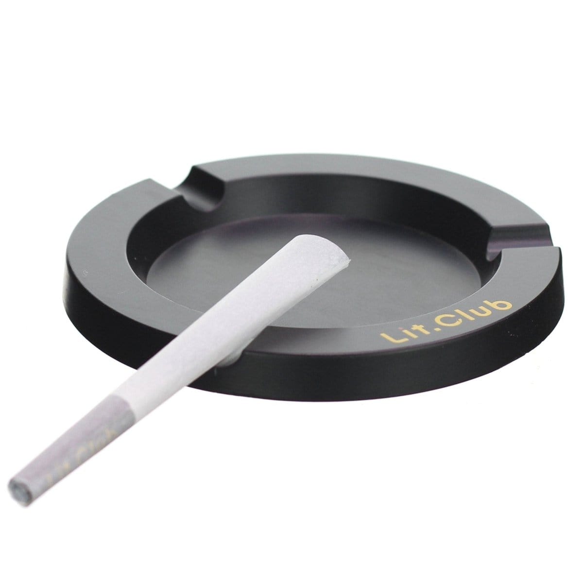 A top-down view of the Lit Club Black Metal Ashtray holding a lit cigarette on a plain white background.