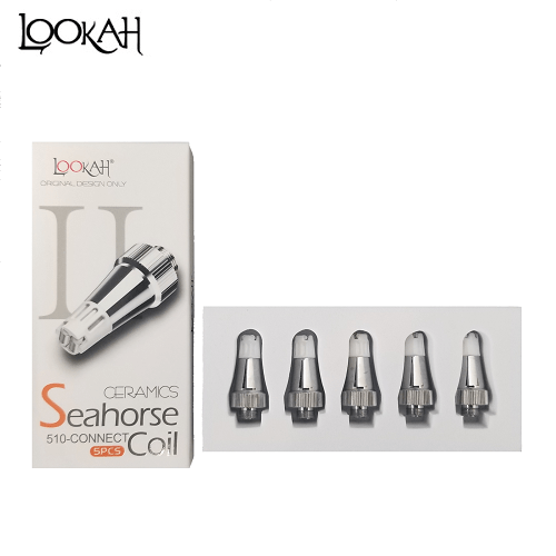 A close-up, overhead shot displays the five ceramic replacement tips for the Lookah Seahorse Pro Nectar Collector, arranged in a single row.