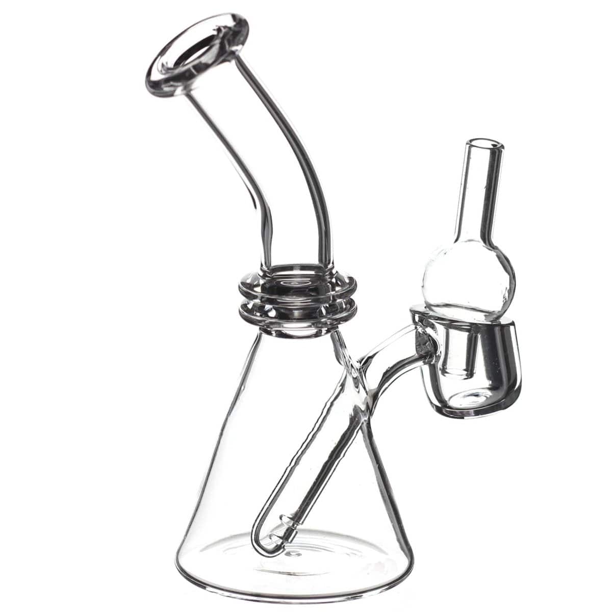 A front view of the Quartz Mini Dab Rig Collection, showcasing the clear glass rig angled slightly against a plain white background.