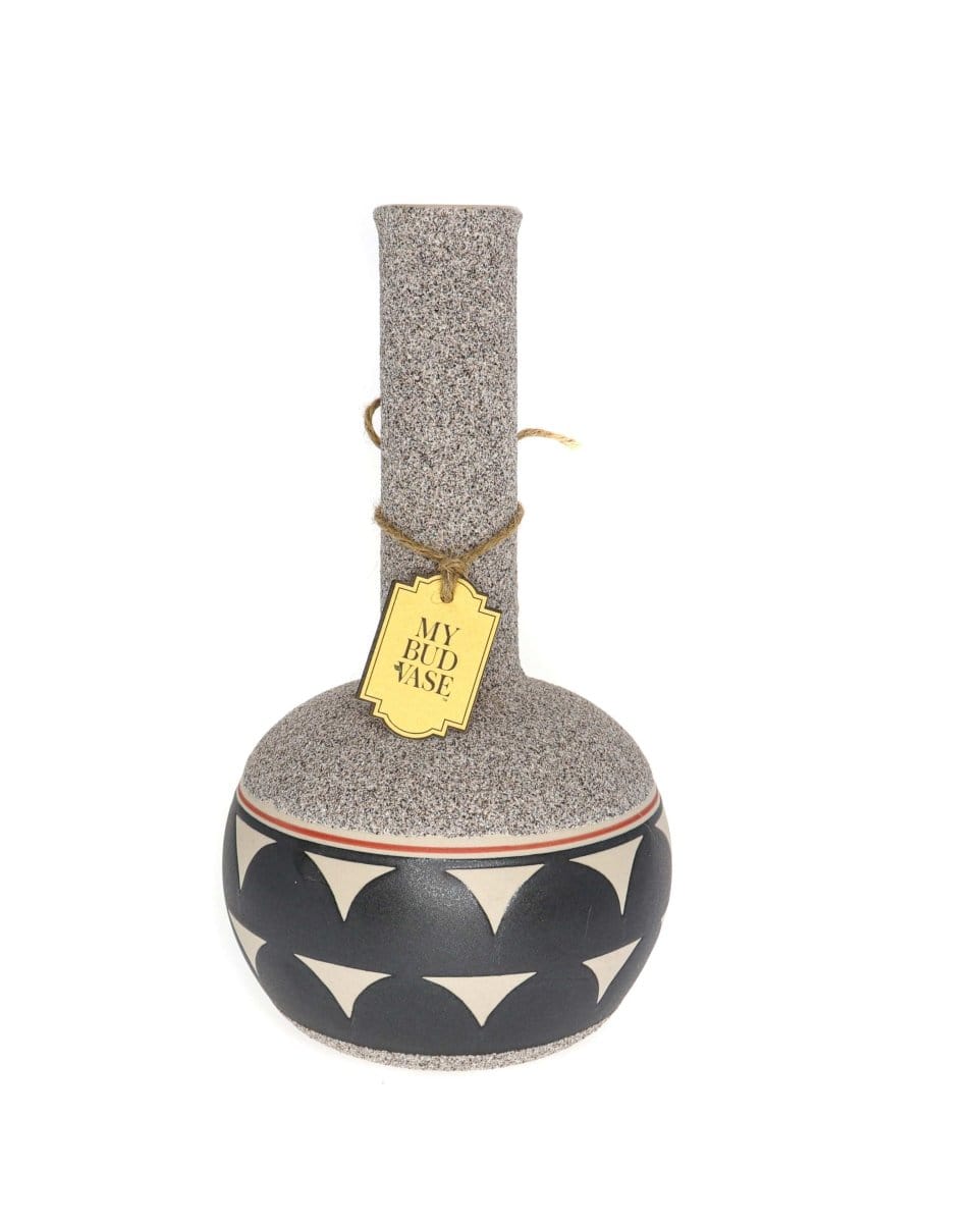 Front view of the My Bud Vase "Coyote" water pipe, featuring a speckled gray ceramic base and a simple, rounded design.