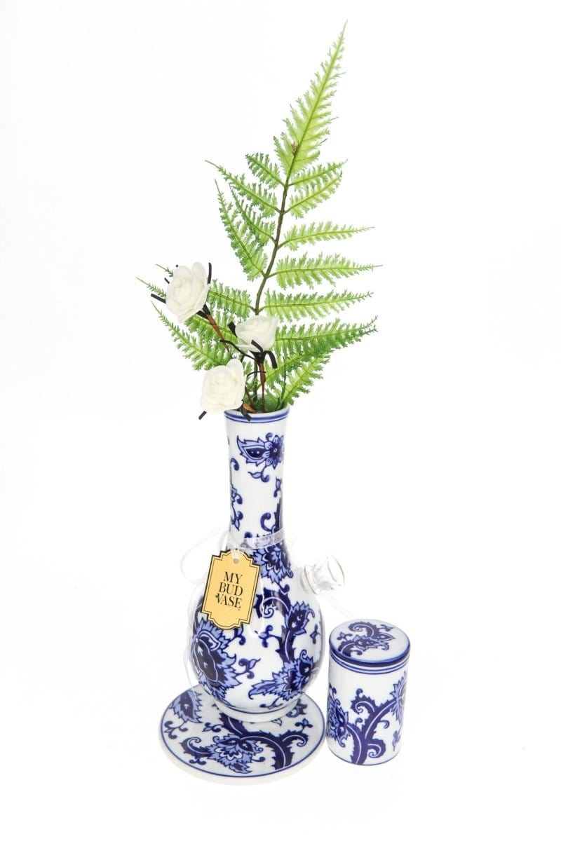 A detailed, angled view of the “My Bud Vase “Joy” Chinese Porcelain Vase Bong Set” with delicate floral designs.