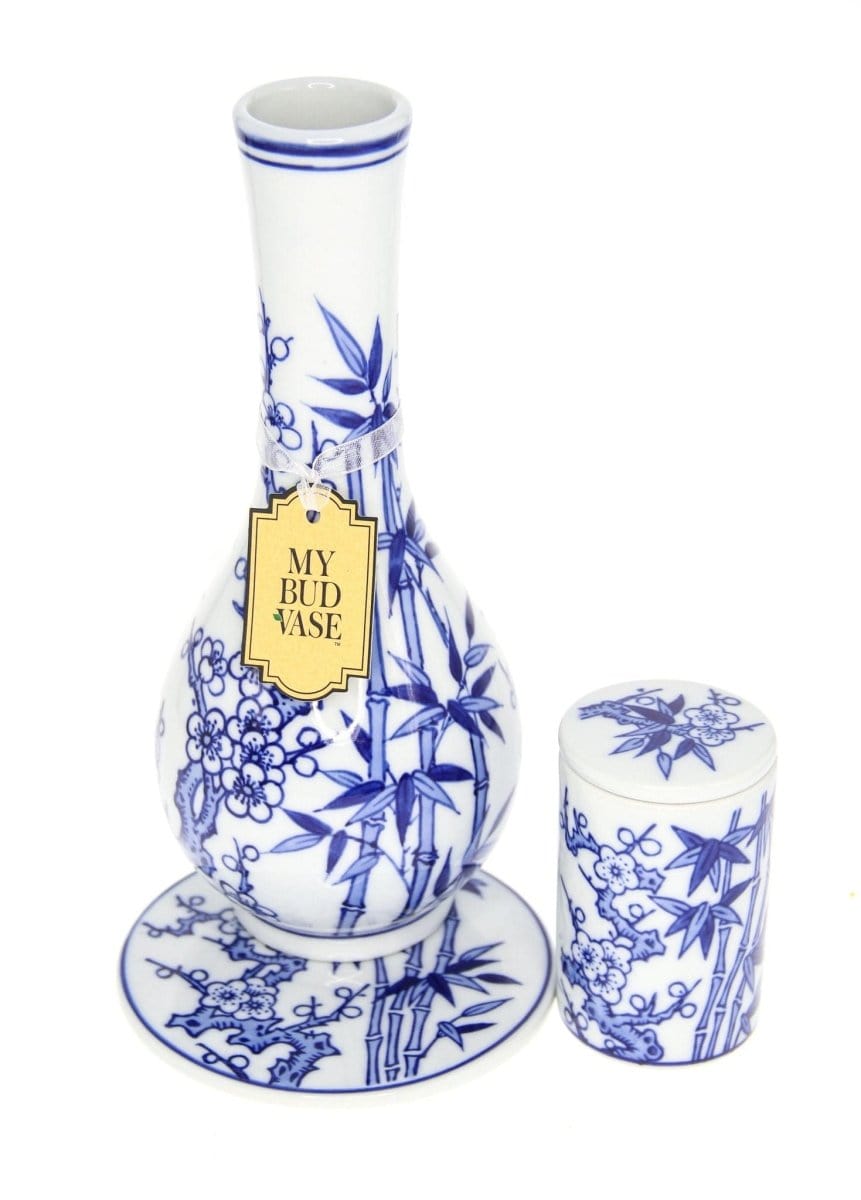 A detailed studio shot of the "My Bud Vase "Luck" Chinese Porcelain Vase Bong", showcasing its ornate white and blue design.