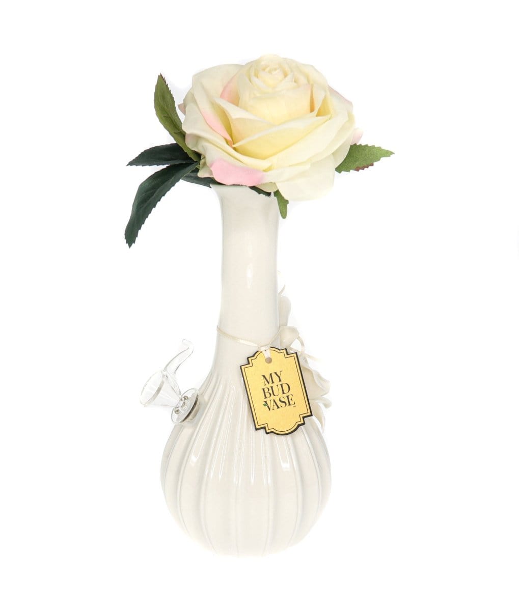 A side view of the My Bud Vase Rose Porcelain Vase Water Pipe, showcasing its delicate floral design in a soft white finish.