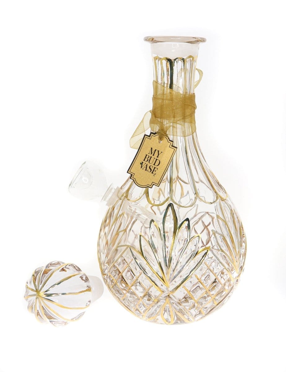 A slightly angled, close-up view of the My Bud Vase “Stardust” Water Pipe, showcasing its clear glass construction.