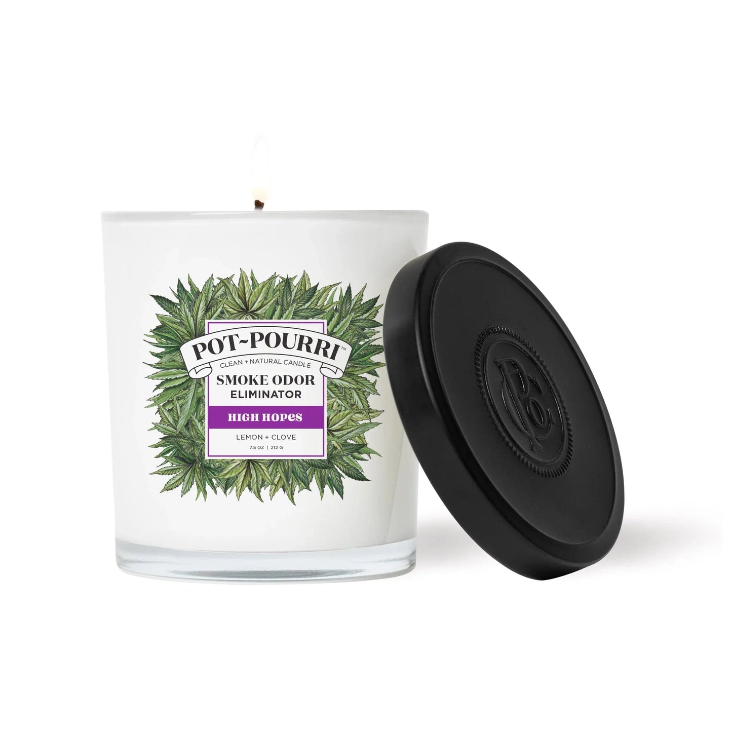 Front view of the Pot~Pourri Smoke Odor Eliminator Candle with a dark label against a plain, bright background.