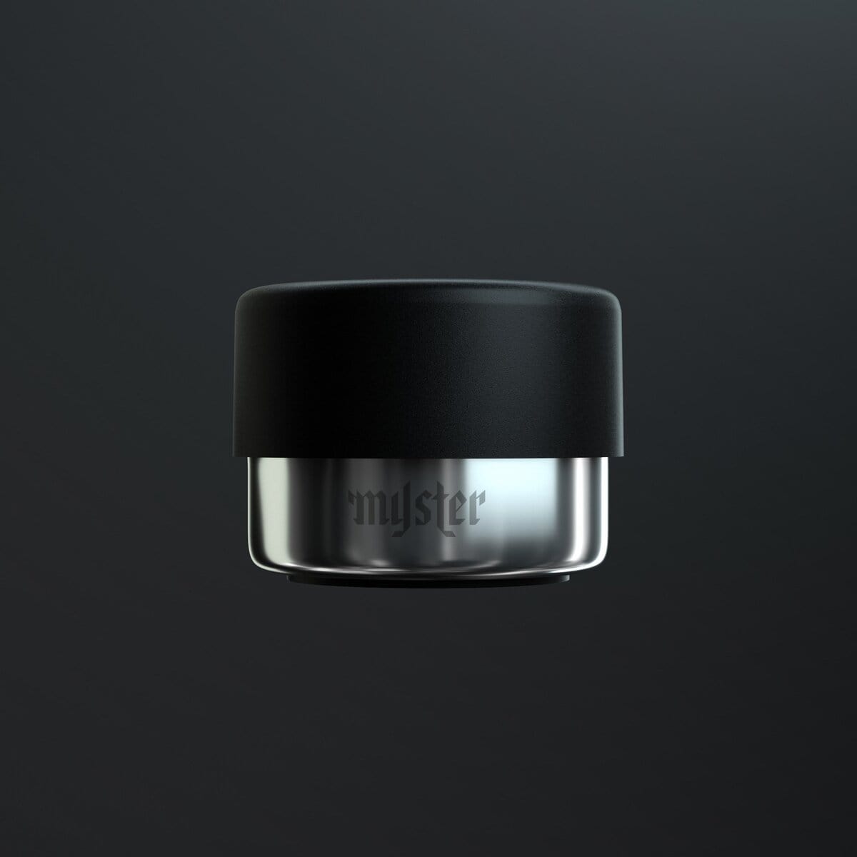 A minimalist studio shot of the Myster Mini Ashtray, showcasing its smooth, dark finish and simple circular design.