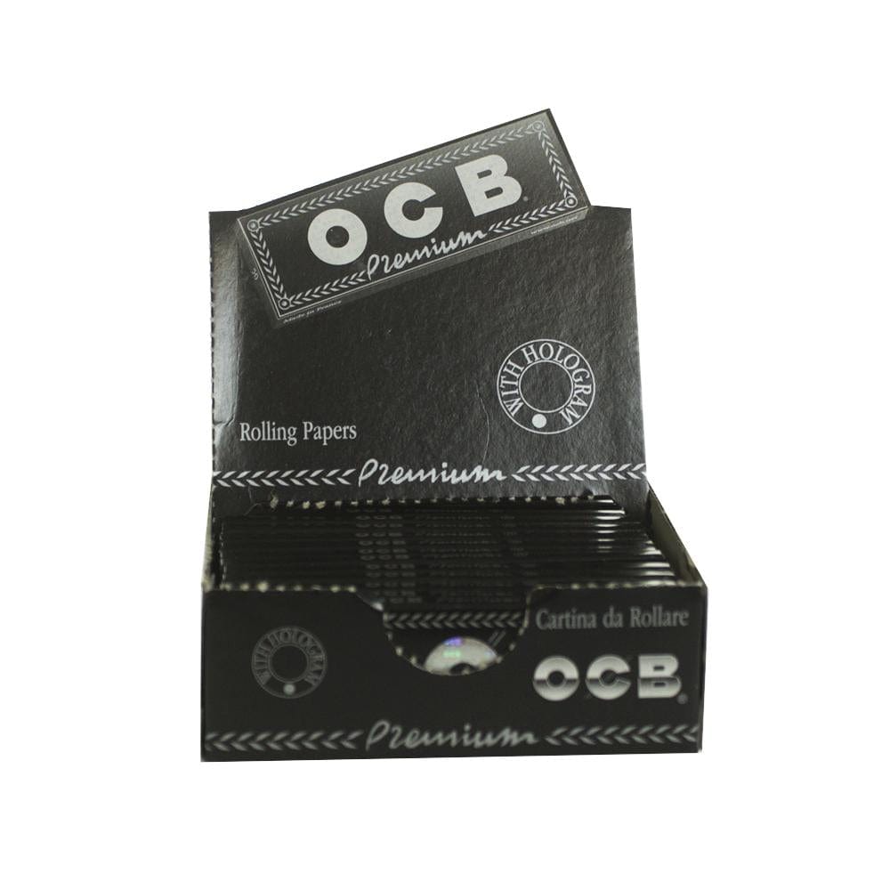 Front view of OCB - Premium Single Wide Rolling Papers, showcasing the brand logo against a blue backdrop.