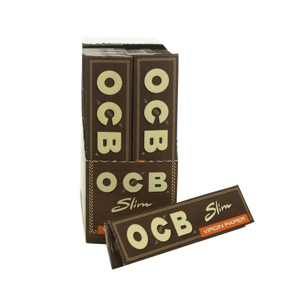 Front view of the OCB - Unbleached King Size Slim Rolling Papers package, displaying the brand name vertically on a dark background.