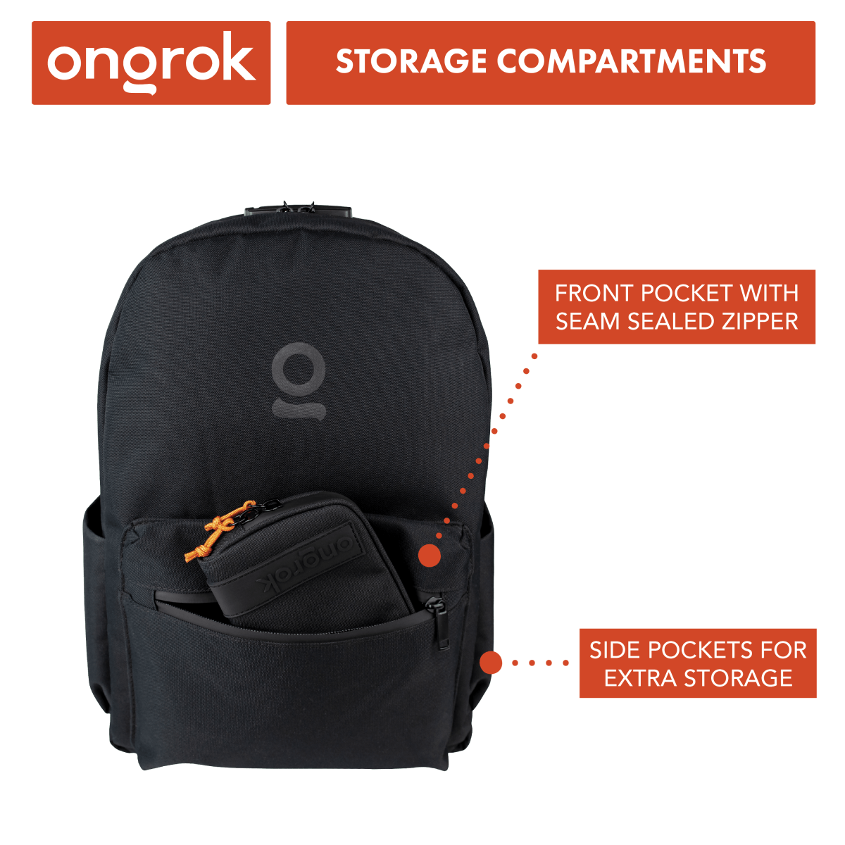 Front view of the Ongek Carbon-lined Backpack, showing a dark, zipped compartment with a small logo detail.
