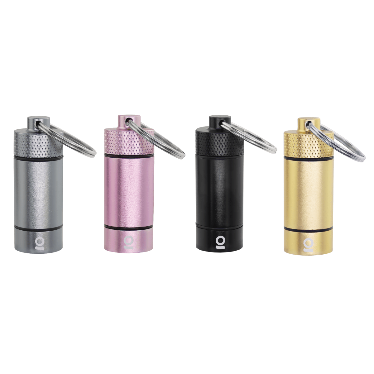 A lineup of metallic Small Storage Keychains presented from a slightly high angle against a plain white backdrop.